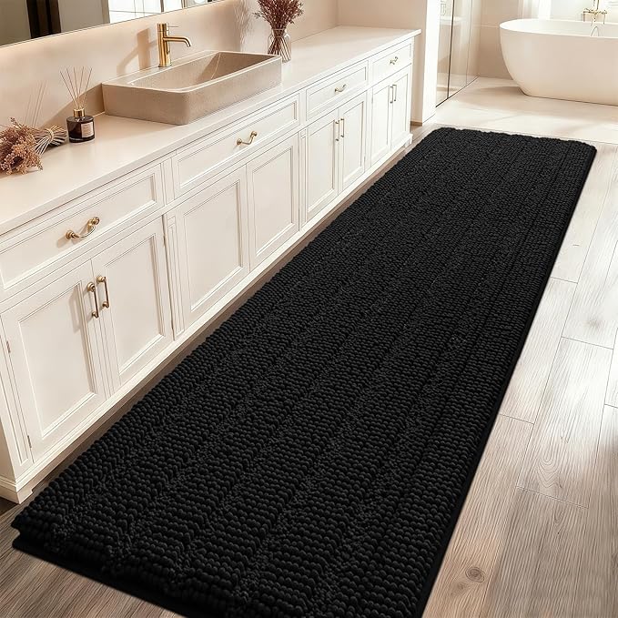ACCUMTEK Striped Black Bathroom Rug Mat 48"x17" Ultra Soft, Non Slip Chenille Bath Rugs, Absorbent Plush Shaggy Bath Mats for Bathroom, Bedroom, Kitchen, Shower, Tub