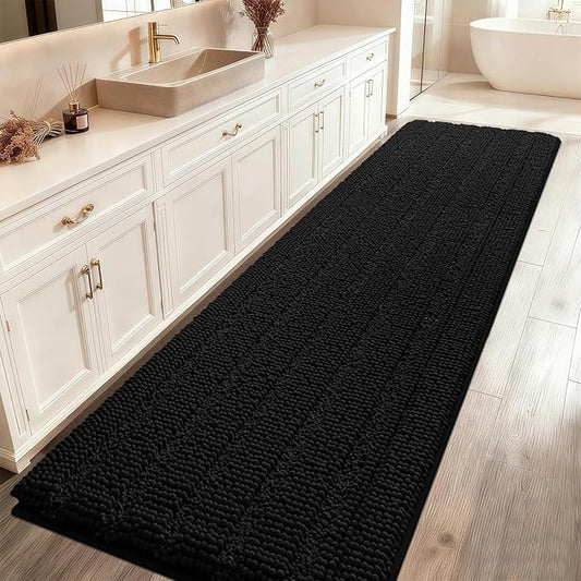 ACCUMTEK Extra Long Striped Black Bathroom Rug Mat 70"x24" Ultra Soft, Non Slip Chenille Bath Rugs, Absorbent Plush Shaggy Bath Mats for Bathroom, Bedroom, Kitchen, Shower, Tub