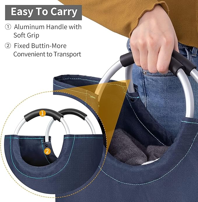 ZERO JET LAG 82L Large Laundry Basket Collapsible Fabric Hamper Tall Foldable Laundry Bag Handles Waterproof Washing Bin Clothes Travel Bathroom College Essentials Storage (Dark & Light Blue, L)