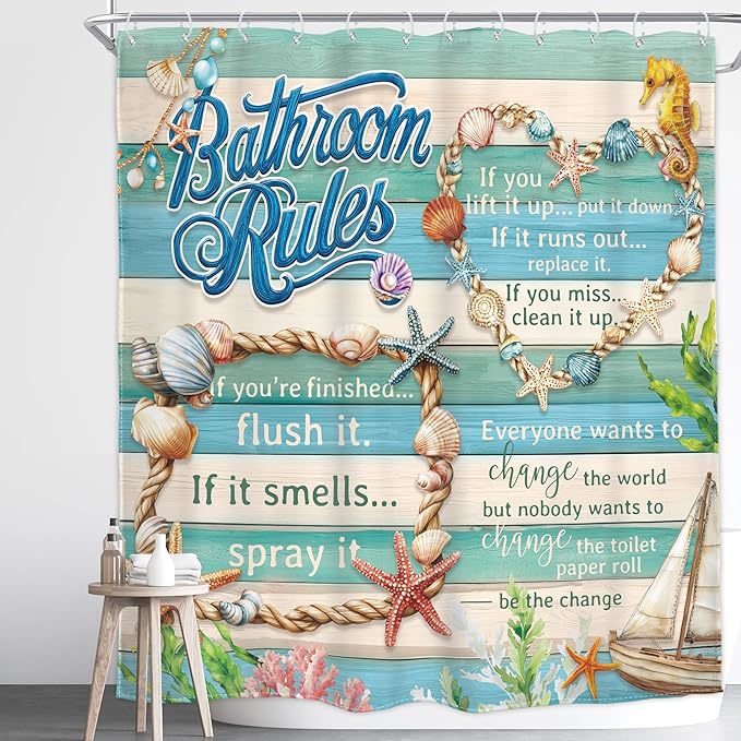 Homewelle Bathroom Rules Shower Curtain Teal Blue Kids Farmhouse Rustic Funny Starfish Beach Ocean Sea Inspirational Quotes Wooden Board Retro 72Wx72H Inch Waterproof Polyester Fabric Bathroom Bathtub