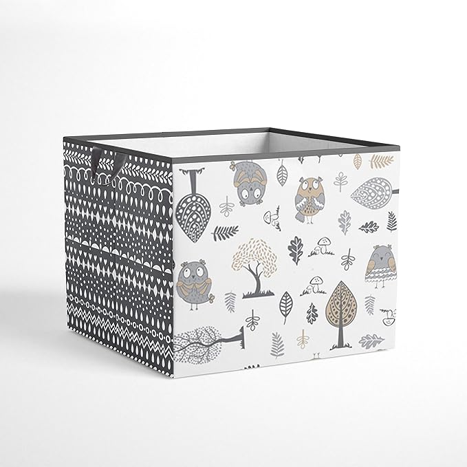 Bacati - Large Storage Tote Owls in the Woods Beige/Grey Neutral 14 X 14 X 10 inches
