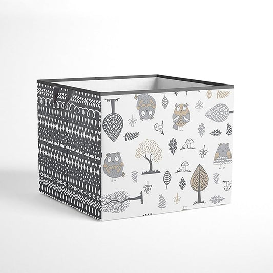 Bacati - Large Storage Tote Owls in the Woods Beige/Grey Neutral 14 X 14 X 10 inches