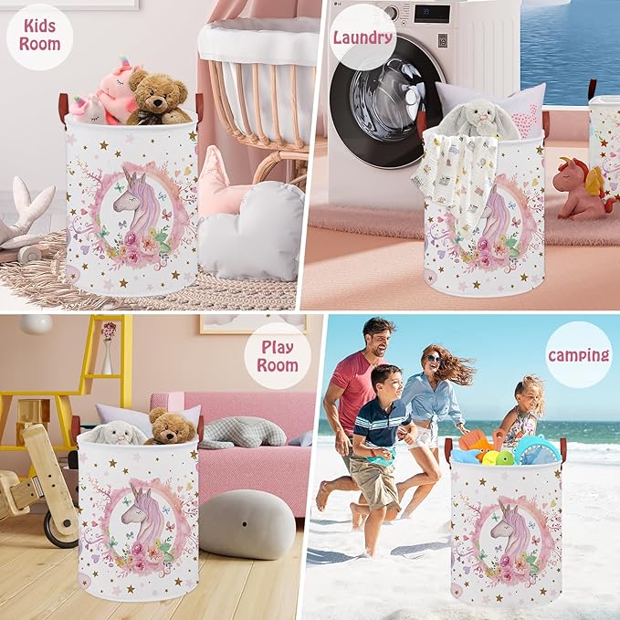 Unicorn Baby Girl Laundry Hamper, Unicorn Room Decor Kids Basket,Rainbow Toddler Storage Toy Box,Cute Clothes Book Toy Bin for Bedroom Bathroom (Pink)