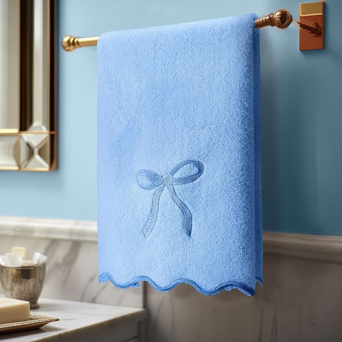 2 Pcs Blue Scalloped Hand Towels for Bathroom 26 x 13 Embroidery Coquette Bow Hand Towels 100% Cotton Soft Absorbent Boho Bath Decor for Kitchen Bathroom