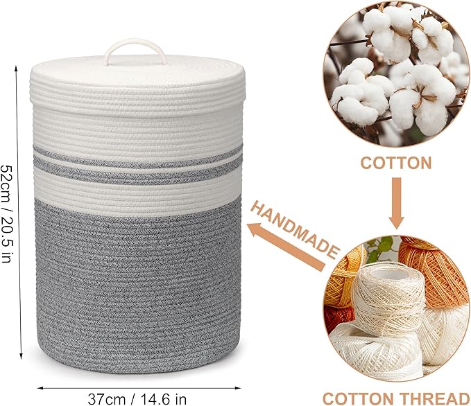 Woven Laundry Basket with Handles, XXL Versatile Clothes Hamper, Blanket and Large Toy Storage Basket for Living Room, Bedroom, Bathroom (Grey, 55L)