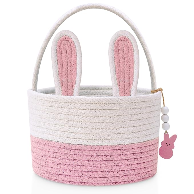 Easter Baskets for Kids, Pink Small Woven Rope Bunny Personalized Easter Basket Empty with Handle, Basket Name Tag, Baby Egg Easter Baskets for Girls Boys Toddler Babies Infant, 9" x 9" x 6.3"