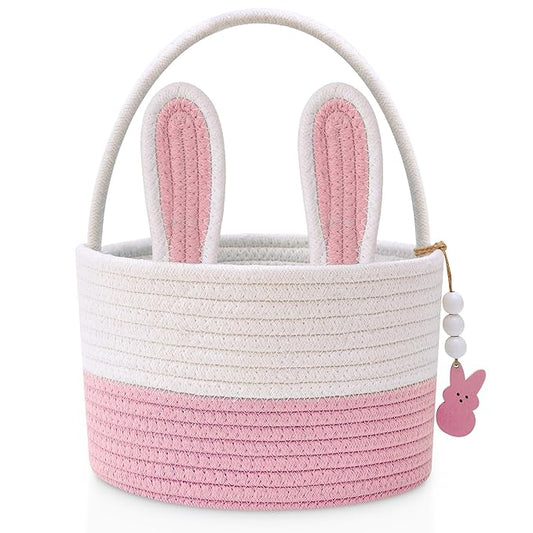Easter Baskets for Kids, Pink Small Woven Rope Bunny Personalized Easter Basket Empty with Handle, Basket Name Tag, Baby Egg Easter Baskets for Girls Boys Toddler Babies Infant, 9" x 9" x 6.3"