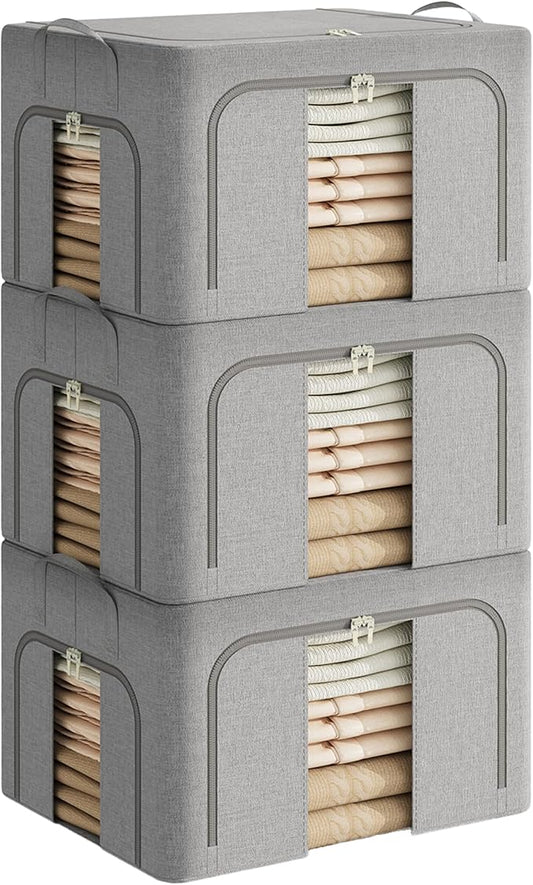 Pinkpum 3 Pack Clothes Storage Bins with Metal Frame, Closet Organizers and Storage Boxes, Sturdy Stackable & Foldable Clothes Organizer Bags with Clear Window & Long Carry Handles, Grey 40L