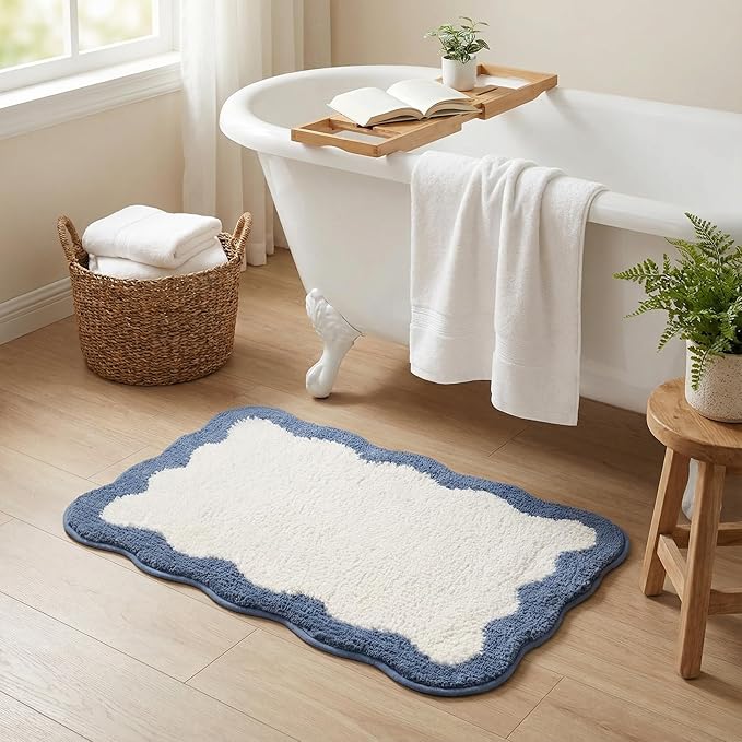 GRANNY SAYS Waved Deep Blue Bathroom Rugs, 36" x 24", Non-Slip Bath Mats for Bathroom, Plush Shag Absorbent Microfiber Ultra Soft Scalloped Bath Mat, Cute Washable Rug for Tub, Shower, Bedroom