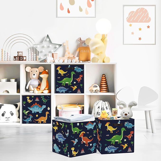 Clastyle 3 pcs Dinosaur Cube Storage Unit Bin with Metal Frame Volcano Kallax Box for Shelves Parents Closet Organizer Basket for Book Clothes Toy Organizer, Black, 11.8x11.8x11.8 in