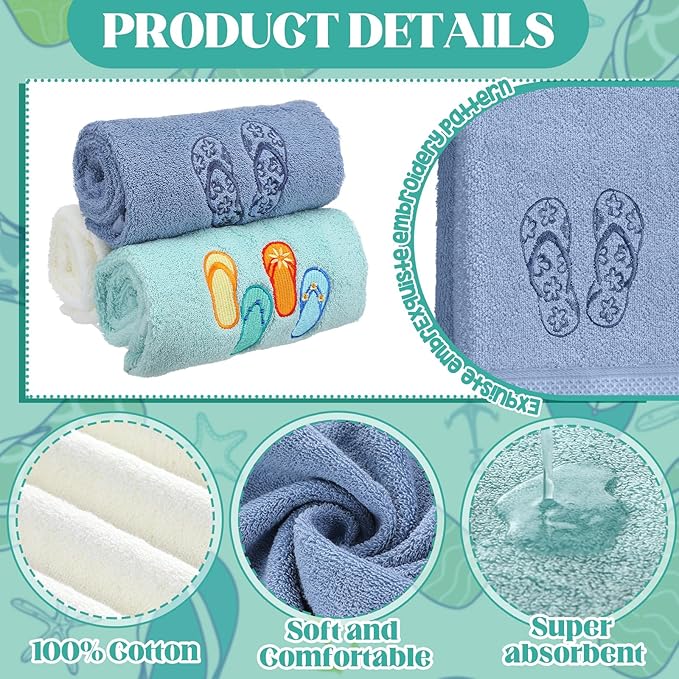 3 Pack Coastal Hand Towels for Bathroom 100% Cotton Embroidered Beach Bathroom Towels 13.78 x 29.53 Inch Soft Absorbent (Flip Flops)