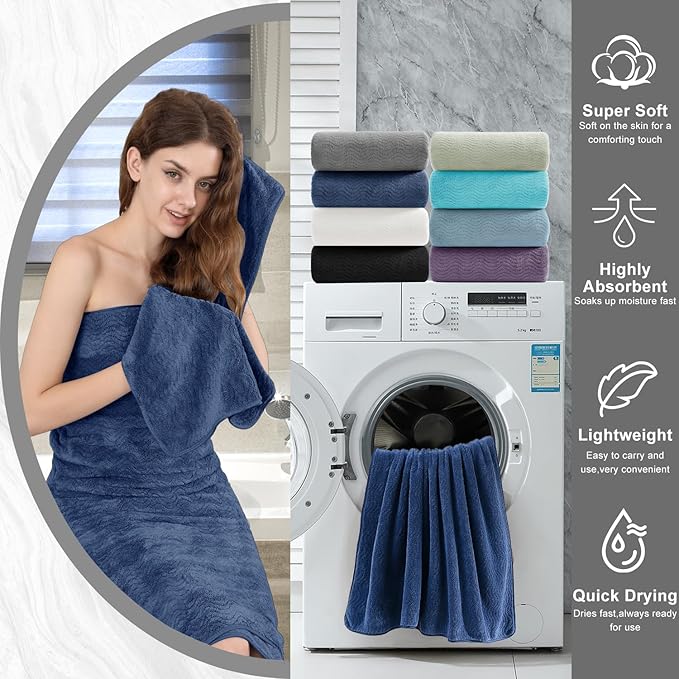8 Piece Bath Towel Set Navy |2 Oversized Large Bath Sheet,2 Hand Towels,4 Washcloths| Ultra Soft Cozy Bath Towel Set for Bathroom Hotel Gym Spa,Highly Absorbent & Quick Dry Bathroom Towel Collections
