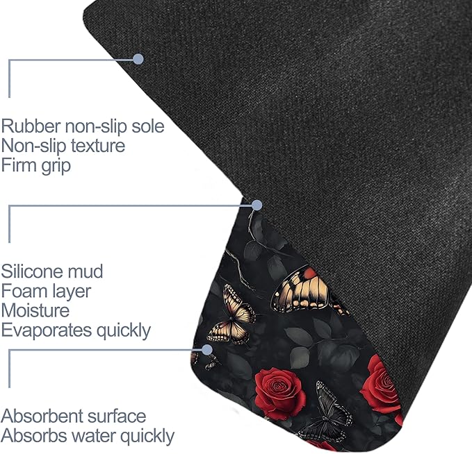 Gothic Butterfly Bathroom Rugs, Non Slip Quick Dry Red Rose Flower Bath Mats for Bathroom, Super Absorbent Diatomaceous Bathmat for Home Kitchen Thin Floor Doormat 17 X 29.5 Inch