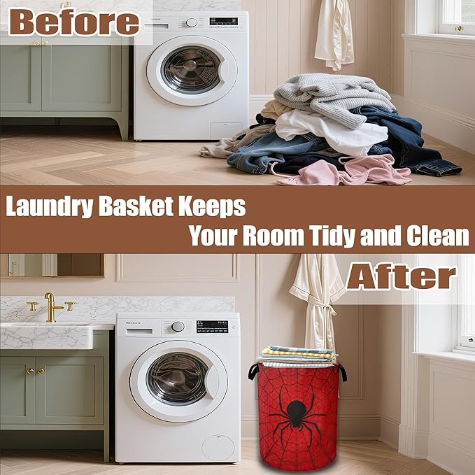 Red Spider Web Laundry Baskets,Laundry Hamper,Storage Basket with Handles for Bathroom Bedroom College Dormitory Living Room Nursery Organizer 16"x20.8"