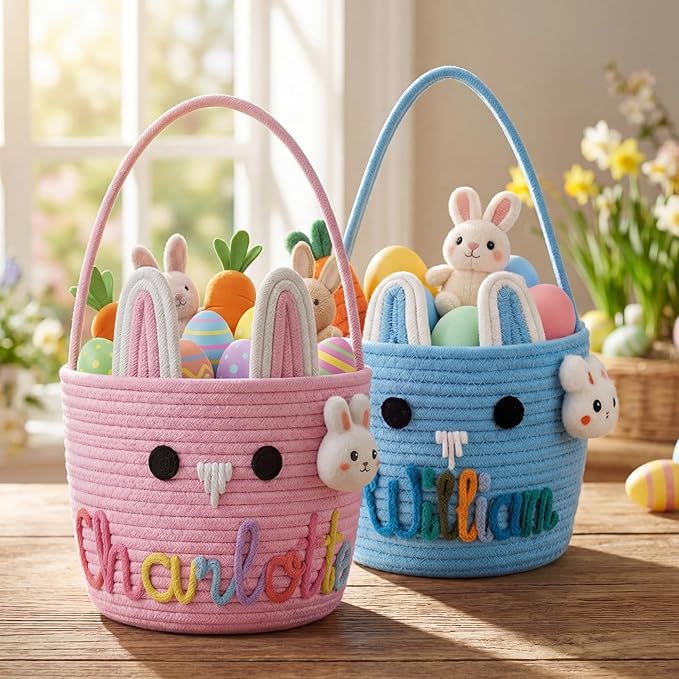 Personalized Easter Basket for Kids with Name - Custom Cute Embroidery Easter Bunny Rope Basket for Boys Girls, Easter Egg Hunt Basket (Cute Bunny with Eyes)