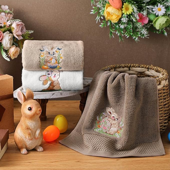 3 Pack Easter Bunny Hand Towels Brown Bathroom Decor 13.4 x 29.2 Inch Cotton Embroidered Bunny with Easter Egg Bathroom Towel Absorbent Decorative for Hand Drying Cleaning Gift