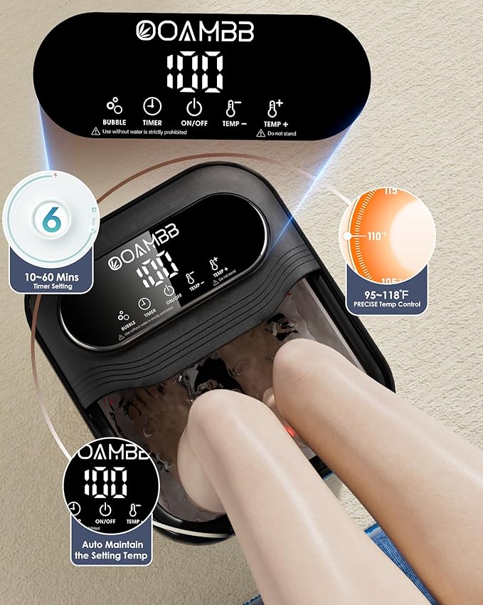Collapsible Foot Spa with Heat, Bubble and Temp Control, Foot Bath Massager with XL Touch Screen and Massage Rollers, Foot Soaking Tub, Pedicure Foot spa for Stress Relief (Black +Green)