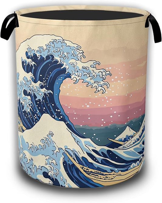 Japanese Ocean Waves Laundry Basket,Waterproof Foldable Laundry Hamper,Dirty Clothes Basket, Linen Bin Storage Organizer Collection 16" x 20.8"