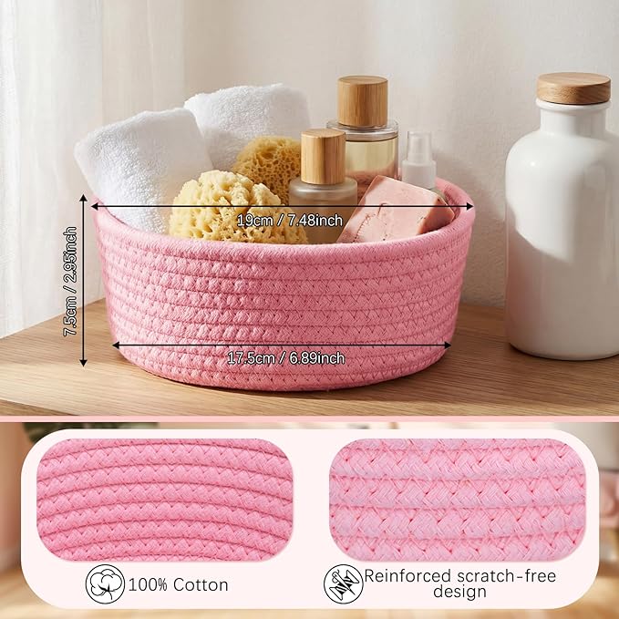 Yinkin 12 Pack Small Storage Basket Cute Natural Cotton Rope Woven Basket Tiny Boho Decorative Toy Storage Bin Gift Baskets for Home Organizing, Closet, Shelf, Nursery, Bathroom(Round,Pink)