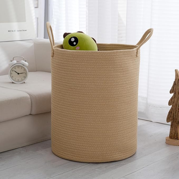 Woven Basket Nursery Laundry Hamper with Handles, Clothes Storage Organizer, Woven Basket for Boy Room Decor, Toy & Blanket Storage Bin, 15x15x18 Inch,Oatmeal,1pc