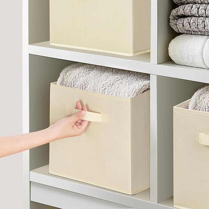 Easi 11 inch Cube Storage Bins, 3 Storage Cube Organizer, Collapsible Fabric storage cubes with Handles, Closet Storage Basket For Organization, Shelf Basket For Shelves Clothes Books, Beige