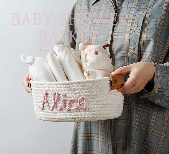 JUPPE Baptism and Newborn Baby Show Gift Basket with Personalized Name, Toys and Storage Organizer Custom Baby Shower Basket Gift Cotton Rope Basket Gift Nursery Decor Newborn Gifts (Style 1)