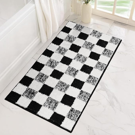 GRANNY SAYS Checkered Black Bathroom Rugs, 48" x 24", Non-Slip Bath Mats for Bathroom, Plush Shag Absorbent Microfiber Ultra Soft Bath Mat, Cute Washable Rug for Tub, Shower, Bedroom
