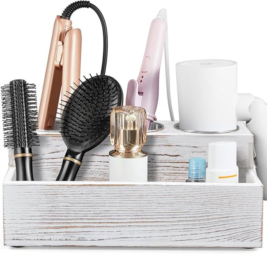 Hair Tool Organizer, White Washed Wood Hair Dryer Holder Countertop, Wall Mount Hot Tools Organizer for Hair Styling Accessories, Bathroom Supplies Vanity Caddy for Curling Wand, Blow Dryer
