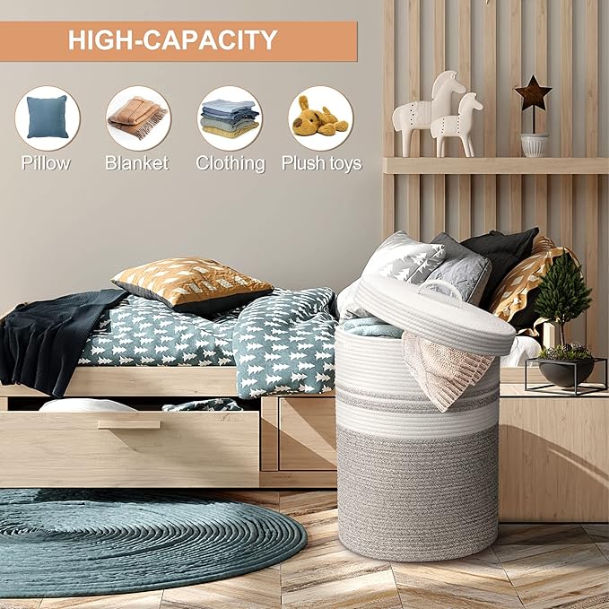 Laundry Hamper with Lid, Large Woven Laundry Basket，Blanket and Toy Storage Basket for Living Room, Bedroom, Bathroom, Nursery（Brown and White，55L）