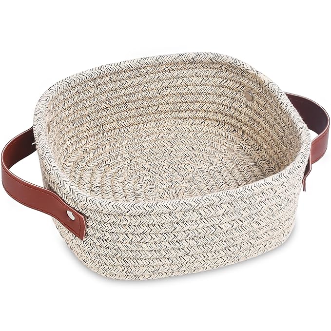 ABenkle Small Storage Basket, Mini Baskets, Cute Rope Woven Baskets for Organizing, Square Shelf Storage with Handle, Boho Decorative Toy Bin for Nursery, Spa, Empty Gift Basket - XS, Mixed Brown