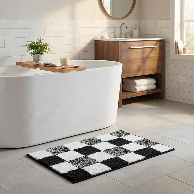 GRANNY SAYS Checkered Black Bathroom Rugs, 24" x 16", Non-Slip Bath Mats for Bathroom, Plush Shag Absorbent Microfiber Ultra Soft Bath Mat, Cute Washable Rug for Tub, Shower, Bedroom