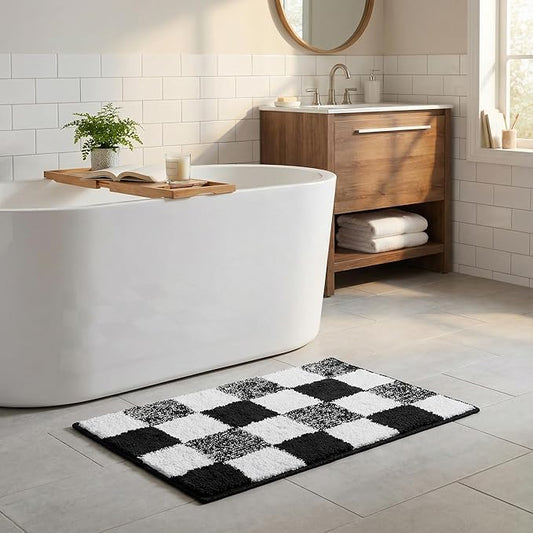 GRANNY SAYS Checkered Black Bathroom Rugs, 24" x 16", Non-Slip Bath Mats for Bathroom, Plush Shag Absorbent Microfiber Ultra Soft Bath Mat, Cute Washable Rug for Tub, Shower, Bedroom