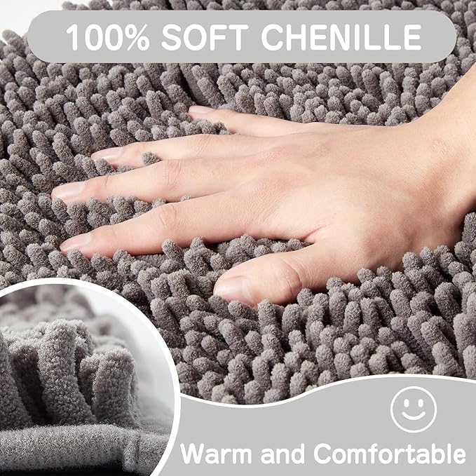 Gray Chenille Bathroom Rug 17"x24" Inch - Non Slip Absorbent Bath Mat for Shower, Quick Dry Machine Washable Floor Mats, Soft Plush