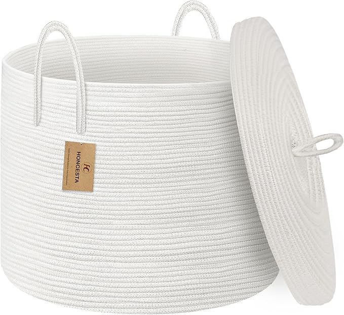 18" X 18" X 14" Extra Large White Basket with Lid, Woven Cotton Rope Basket for Blankets for Living Room, Kids Toy Storage Bin, Wicker Bathroom Towel Storage, All White Bins for Organizing