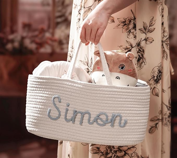 JUPPE Custom Baby Shower Basket, Personzlized Basket with Baby Name, Baby Boy Girl Storage Organizer Cotton Rope Nursery Decor Newborn Gift (style 1) (Style 2)