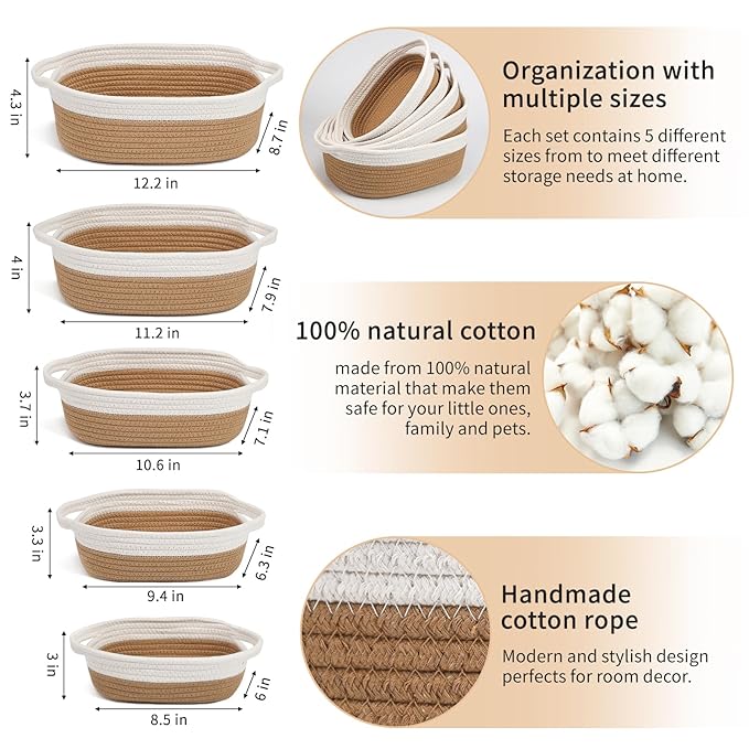 VOOWO Set of 5 Woven Rope Baskets for Storage, Organizing, Nursery, Shelves - Small Baskets for Gifts Empty (Off White & Jute)