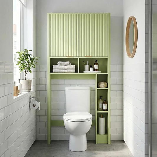 31" W Over The Toilet Storage Cabinet with Fluted Door, Green Bathroom Organizer with Adjustable Shelf, 67''H Tall Natural Toilet Paper Holder Stand Wave Door for Restroom, Laundry Room