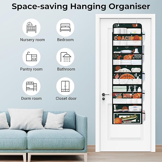 Clastyle Ball Over The Door Organizer Star Nursery Hanging Storage Organizer for Boys Clothes Diaper Toy Closet Door Hanging Shelf Storage for Bedroom Bathroom Pantry, Basketball, 5-Tier