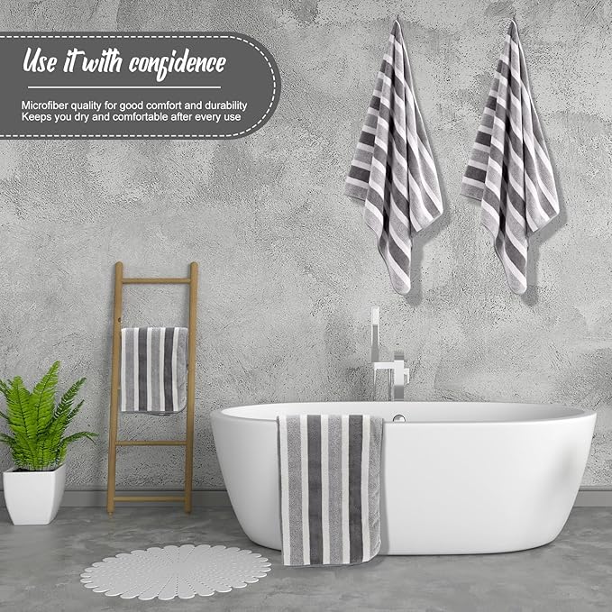 16 Pack Microfiber Bath Towels Bulk 27'' x 60'' Oversized Size Bath Towel Highly Absorbent Extra Large Soft Drying for Shower Beach Winter Salon Sport Gym Party (Stripes,Grey)