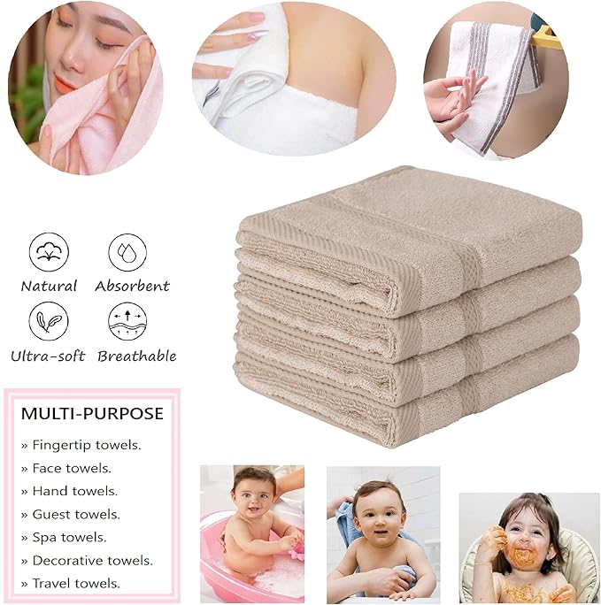 4 Pcs Light Brown Fingertip Towels for Bathroom - 11 x 18 Inches, Extra Absorbent and Soft Terry Towels for Sensitive Skin, Quick Dry