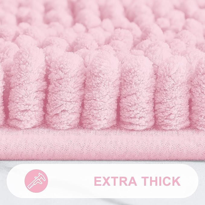 Grandaily Chenille Striped Bathroom Rugs 59x20, Extra Thick and Absorbent Bath Mats, Non-Slip Soft Plush Shaggy Shower Carpet, Machine Wash Dry, Bath Rug for Bathroom, Pink