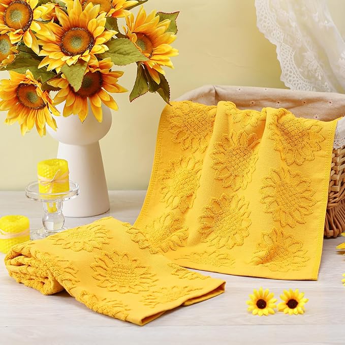 2 Pcs Sunflower Hand Towels for Bathroom 100% Cotton Jacquard Weave Bath Towel Set Soft Absorbent Dish Washcloth for Bathroom Kitchen Summer Theme Gifts 13.8 x 29.5 Inch (Yellow)