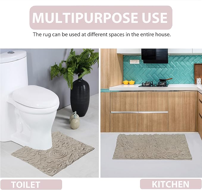 Home Weavers Bell Flower Collection 100% Cotton Tufted Bath Rugs, Extra Soft and Absorbent Bath Rugs, Non-Slip Bath Mats, Machine Washable, Bath Mats for Bathroom Floor, 21"x34" Rectangle, Linen
