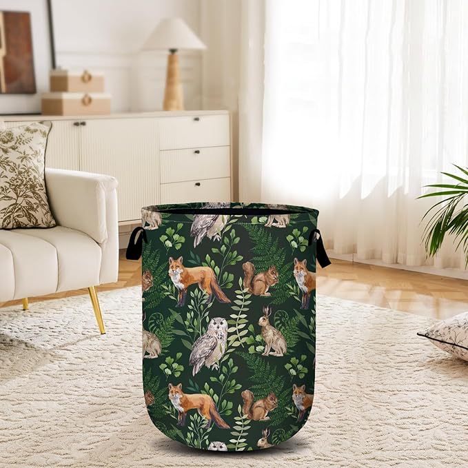 Watercolor Fox Hare Owl Squirrel Laundry Basket, Forest Animals Plants Laundry Hamper Collapsible Oxford Cloth with Handle Clothes Toy Storage Bin for Bathroom Laundry Room Bedroom 15.7 X 20 Inch