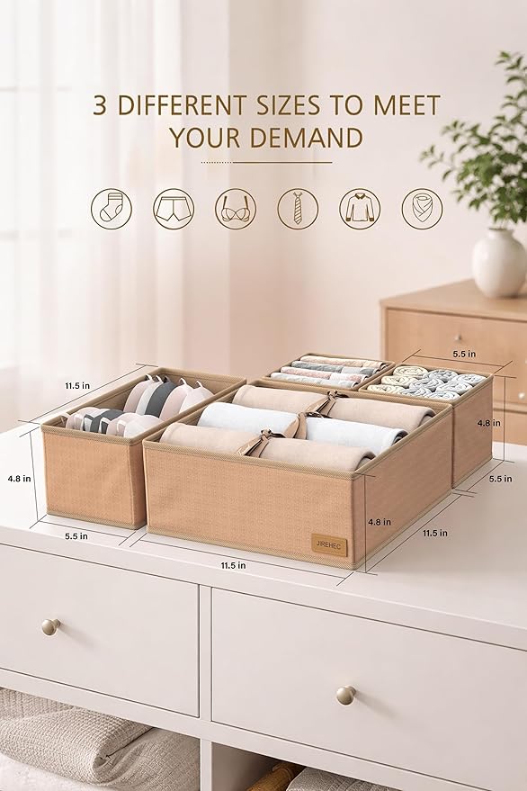 Clothing Drawer Organizer - Set of 6 Foldable Organizers for Clothes, Ideal for Dresser Drawers, Underwear, Socks, Baby Clothes and Closet Storage,Drawer Organizer bins, Cream