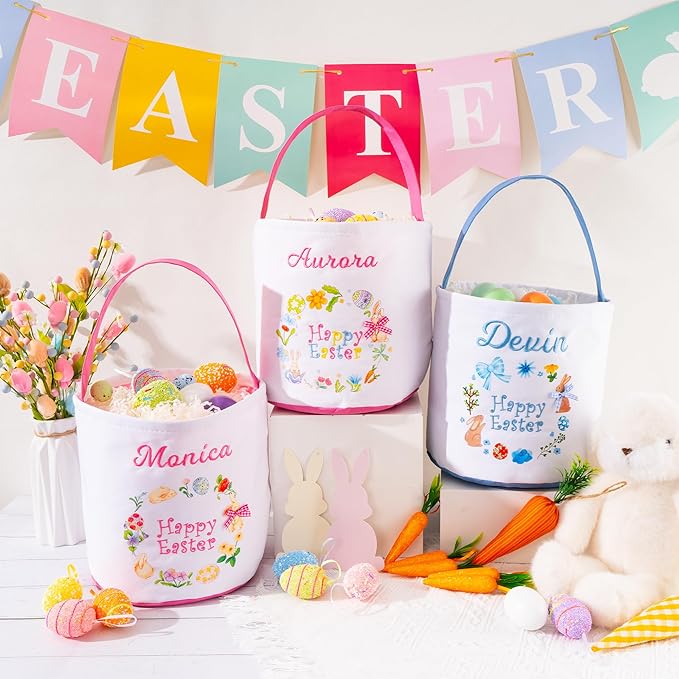 MT WORLD Toddler Easter Basket Personalized Easter Egg Bucket for Kids with Embroidered Name Pink Bunny Bucket Custom Candy Tote Bag for Baby Girls Candy Gifts Bucket
