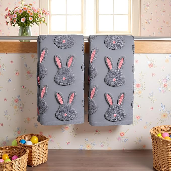 2pcs Easter Bunny Hand Towels Set 100% Cotton Soft Absorbent Spring Bathroom Hand Towels 14x29 Inch Cute Jacquard Easter Kitchen Decor Towels Holiday Kitchen Bathroom Decor Gift(Grey)