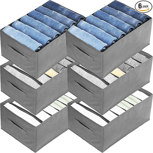 Nicunom 6 Pack Wardrobe Clothes Organizer, 6 Grids Large Clothes Closet Organizer and Storage, Divided Clothing Storage Boxes Bins Closet Drawer Organizer for Jeans T-shirt Pants Sweater