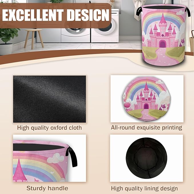 Pink Castle Laundry Basket,Rainbow Princess Laundry Hamper Waterproof Oxford Cloth Tote Collapsible,Clothes Storage Bucket Decorative Toy Organizer For Bathroom Bedroom 16" x 20.8"