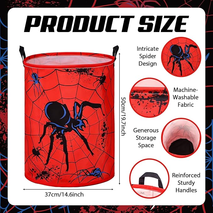 2 Pcs Spider Laundry Hamper Basket Spider Bedroom Decor Large 17.3 x 13.8 Inch Round Collapsible Toy Storage Organizer Basket with Waterproof Layer for Closet Playroom Nursery Toy Dirty Cloth